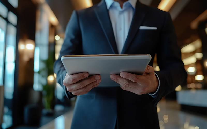 Hotel lobby, concierge and Businessman using a digital tablet for online bookings guest service and reservation hospitality website for job, work receptionist for efficient communication