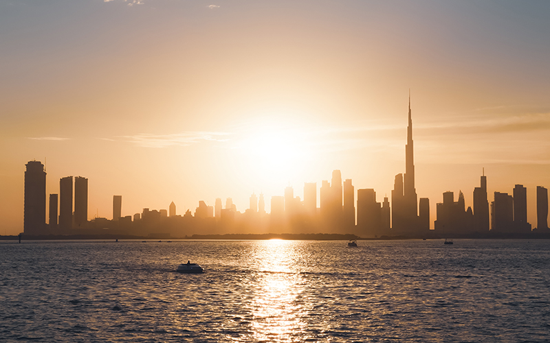 Stock image of Dubai skyline from Creek harbor, Skyscrapers with